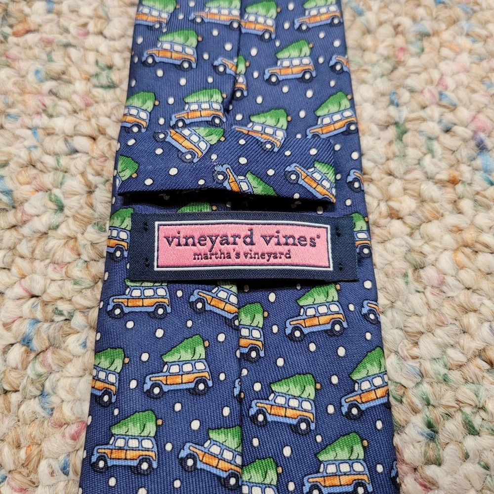 Vineyard Vines Tie Boys OS Blue Christmas Tree Woody Wagon Silk Holiday Preppy